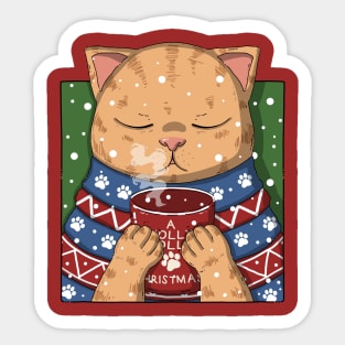 Cute Tabby Cat Drinking Coffee On Christmas Sticker